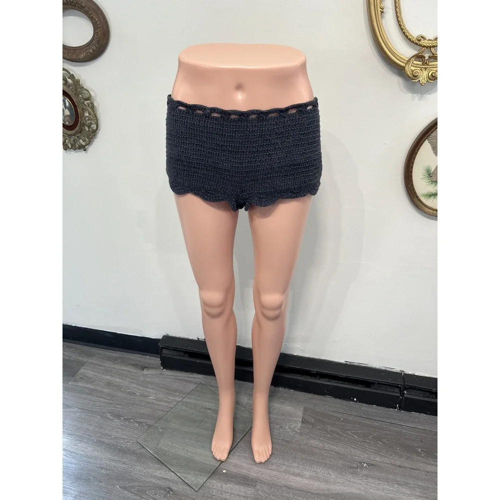 Tagalos Charcoal Black Rayon Crochet Knitted Micro Mini Shorts Hot Pant Women XL